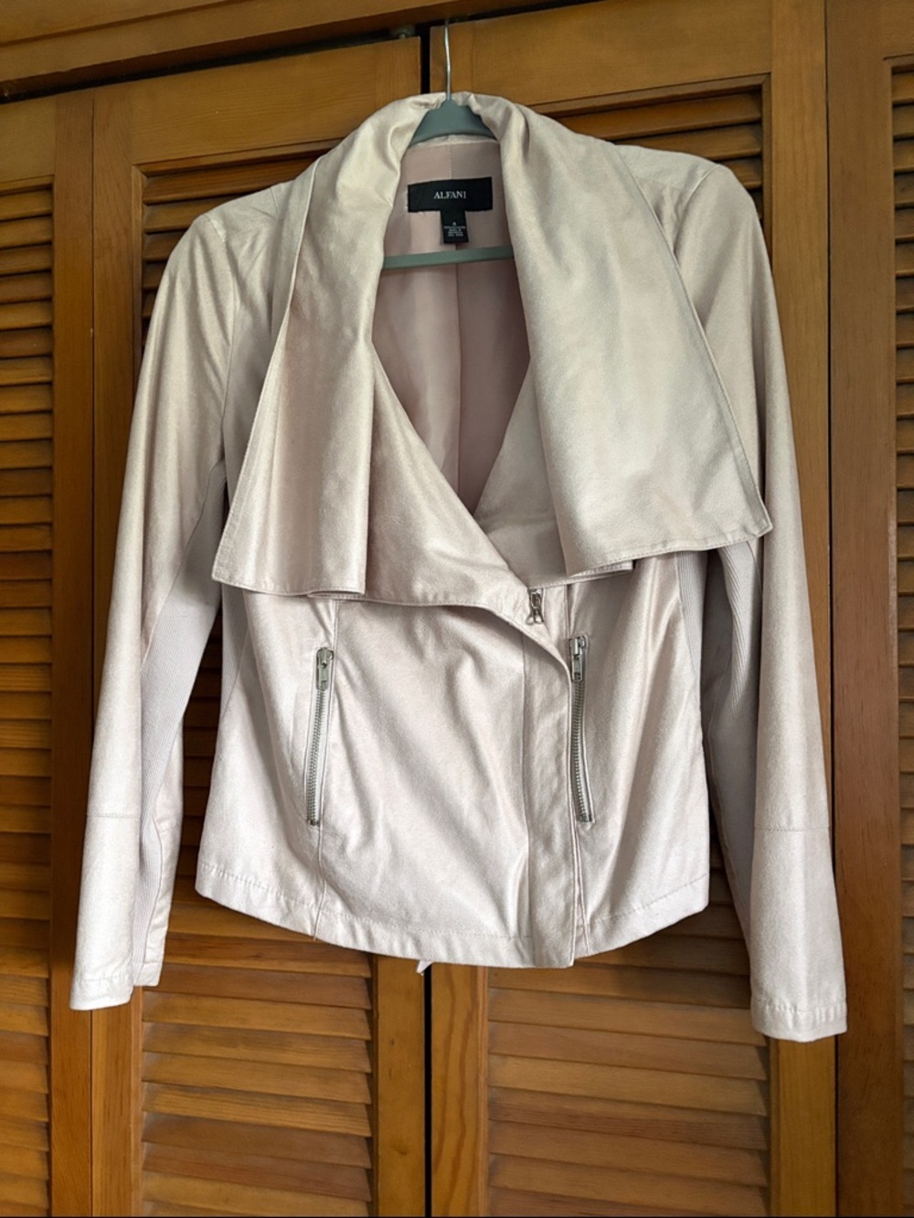 Alfani Cream Draped Collar Faux-Suede Moto Jacket